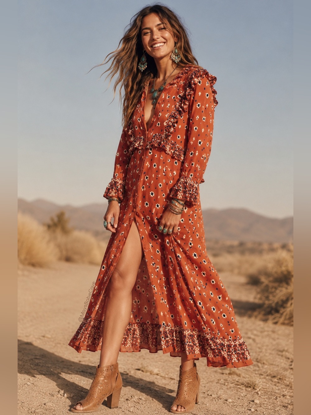 Free People Rust Boho Printed Ruffle Longline Duster - Picture 2 of 16